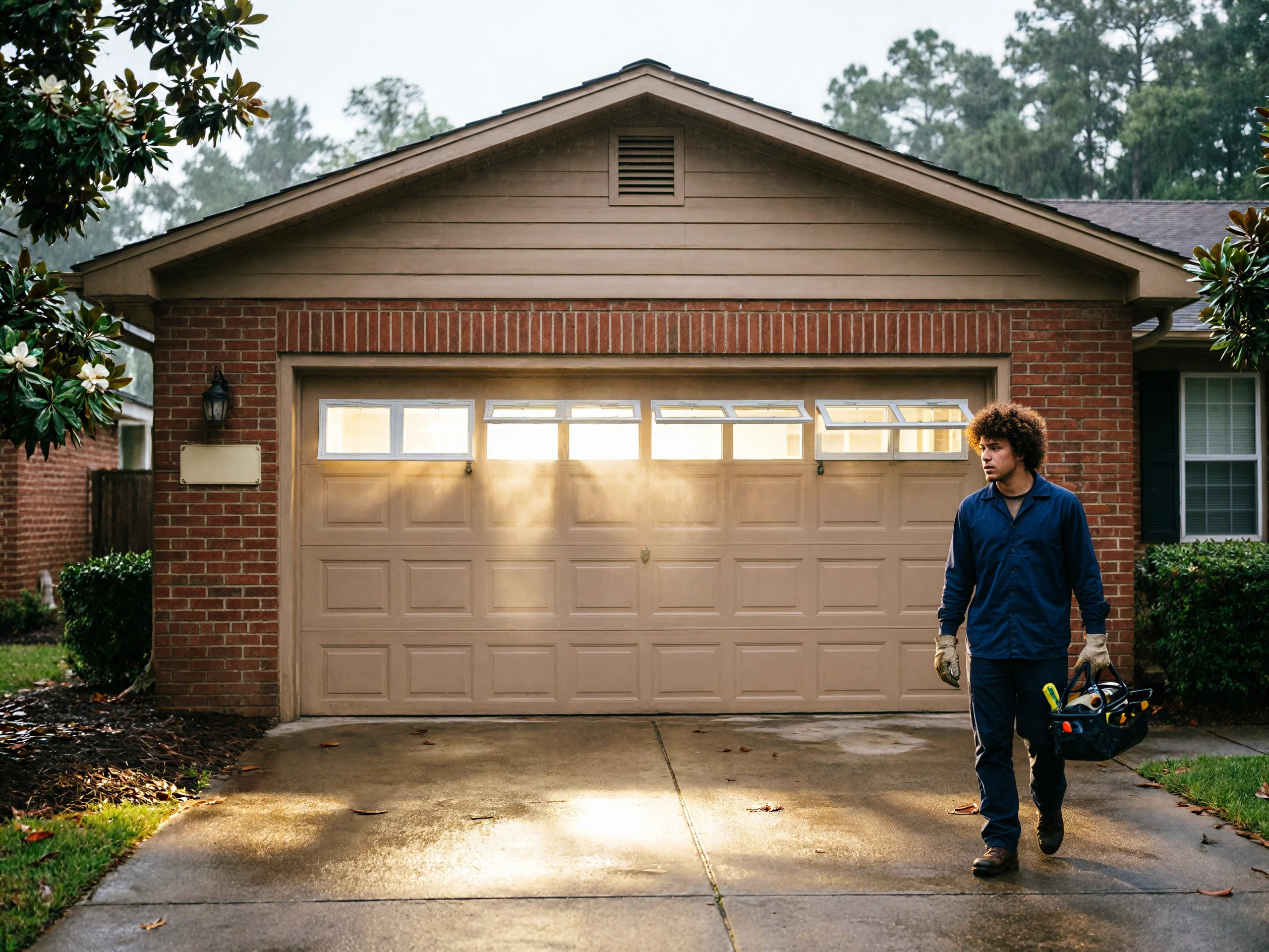 A technician walks toward a house with a beige garage door and brick facade.