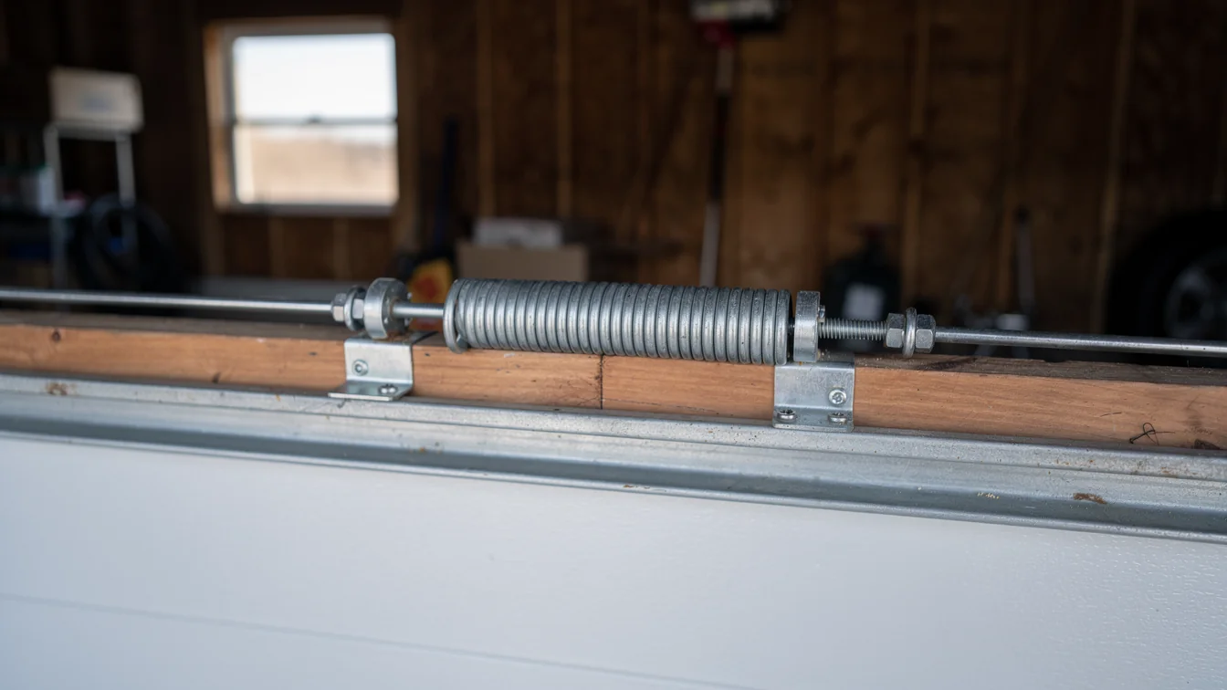 A garage door extension spring is mounted on a wooden beam.