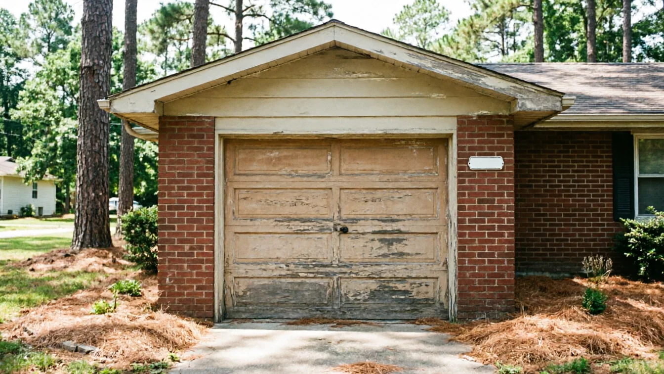 The garage door is old and peeling, set in a brick house.
