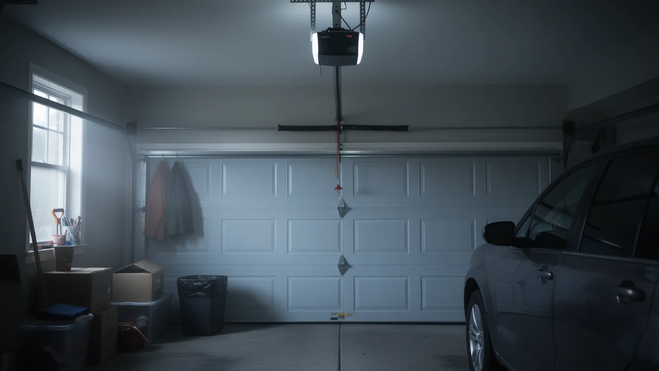 A white garage door and opener are visible inside a garage with a car.