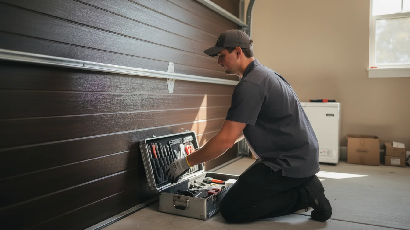 A technician kneels by a brown garage door, reaching into an open toolbox.