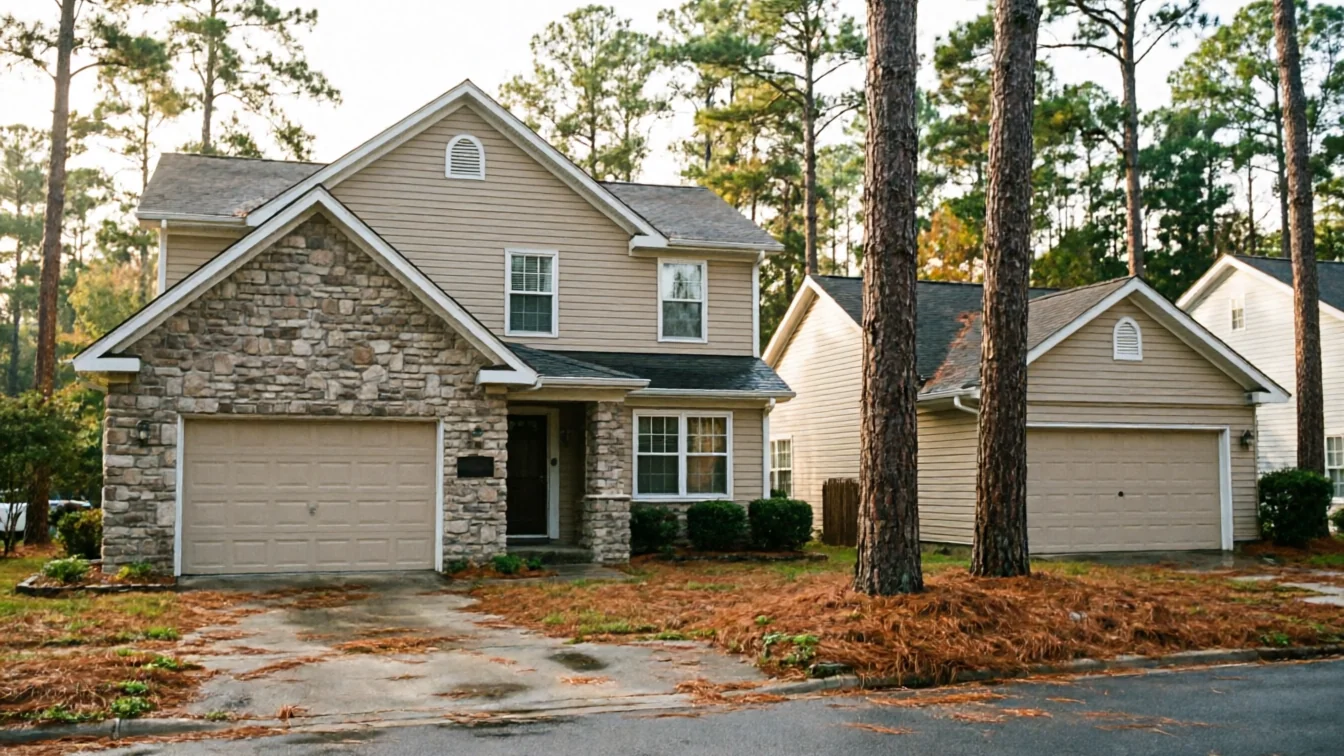 A two-story house with a beige garage door and stone facade.
